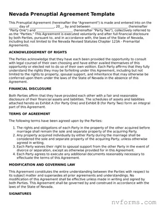 Free  Prenuptial Agreement Form for Nevada