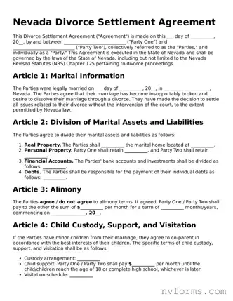Free  Divorce Settlement Agreement Form for Nevada
